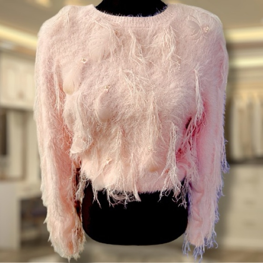 Pink Cropped Sweater, Feathered W/Pearls, Pastel Pink Sweater, Valentine’s Top